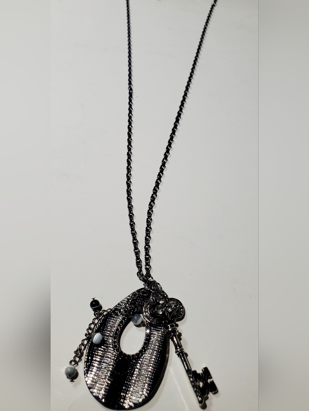 Gunmetal Pendant Necklace with Bead Accents